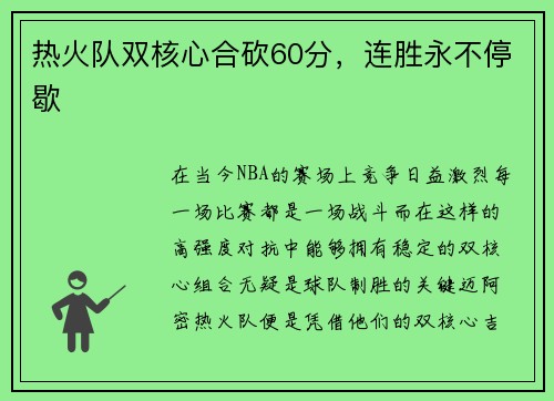 热火队双核心合砍60分，连胜永不停歇