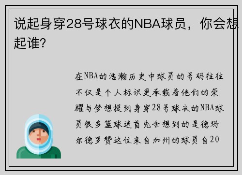 说起身穿28号球衣的NBA球员，你会想起谁？