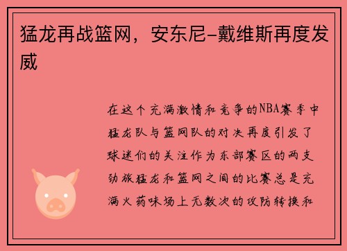 猛龙再战篮网，安东尼-戴维斯再度发威