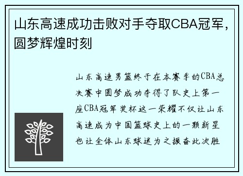 山东高速成功击败对手夺取CBA冠军，圆梦辉煌时刻